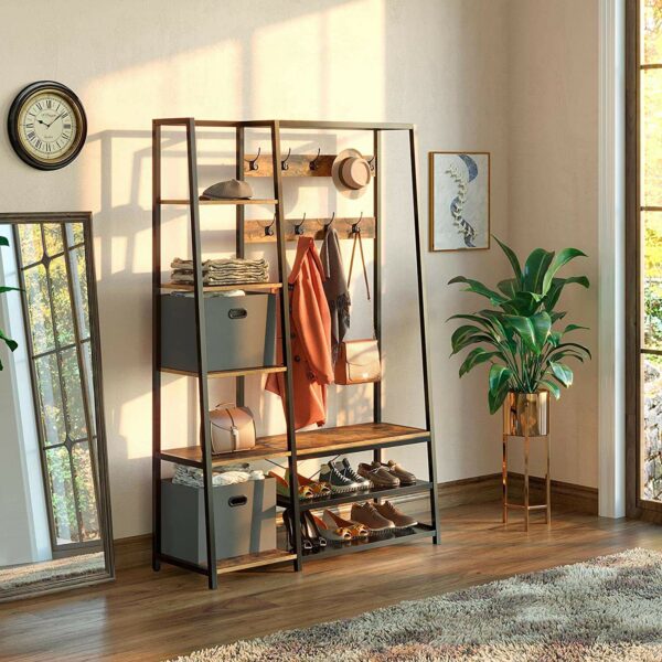 Coat Stand with Storage Bench and Wooden Hanger for Clothes and Standing Coat Shelf