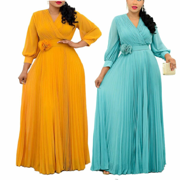 Modern Design Attitude Tommuter Splicing Pleated Long Dress with Free Belt, High Waist Loose Fitting Plus Size Women's Dress