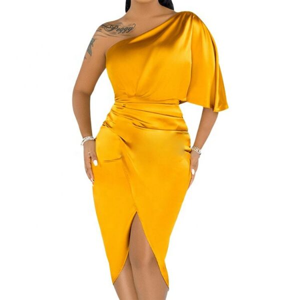 Customized Summer Club Lady Silk Night Fashion Lady exquisite One Shoulder Satin Ruched Bodycon Party Dress with a luxurious midi skirt - Image 2