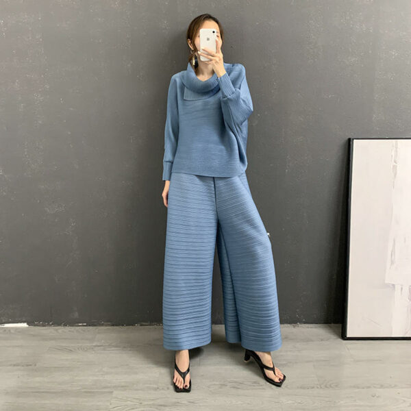 Pleated Set New Arrival Long-sleeve top with a turn-down collar and two pieces of plus-size wide-leg pants