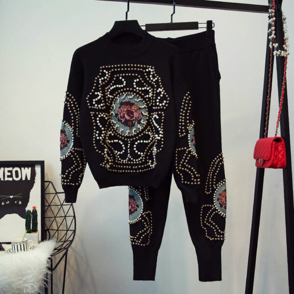 Women's Two-Piece Outfits - Casual Sport Suit with Retro Embroidery, Beaded Sweater, Knitted Pants