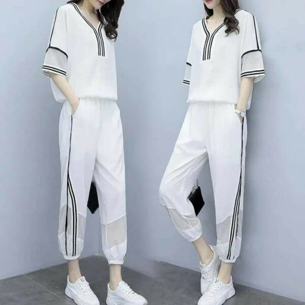 Summertime Loose 2 Piece Set Korean Loose Short Sleeve Top + Cropped Pant Suits Jogging Sweatsu 5XL 4XL Plus Size