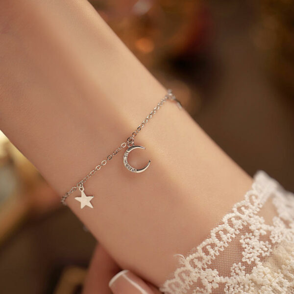 Women's White Gold Plated 925 Sterling Silver Jewelry Tassel Bracelets with Star Moon Shaped Zircons