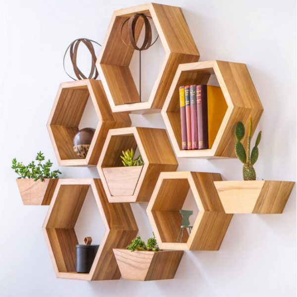 Hexagon Floating Shelves with Honeycomb Decor on Wall for Wooden Plant Pots