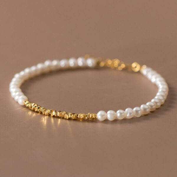 Women's gold-plated bracelets made of geometric small bits of square pieces and natural real pearls set in 925 sterling silver form. - Image 3