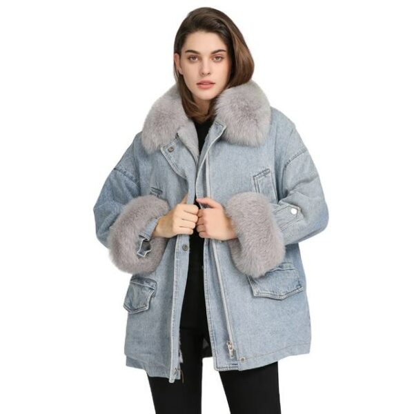 Women's faux fur collar winter coat in blue jeans and denim for ladies with fur, available in quantity