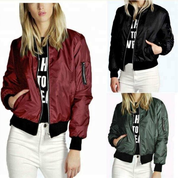 Fashion women's coat tops, wholesale plain thin zipper bomber jackets for women Long-sleeve O-neck Casual Baseball Jacket in Solid Color - Image 2