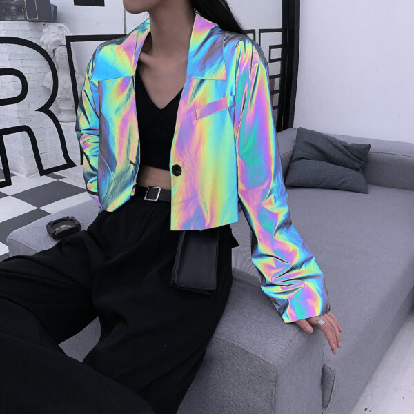 Rainbow Women Crop Top Holographic Reflective Jacket, New Fashion Women's Clothing, Wholesale Jackets