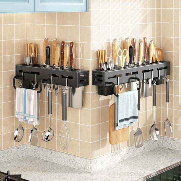 Wall-mounted Knife, Spoon, Utensil Holder Rack with Towel Hanger for Kitchen. - Image 4