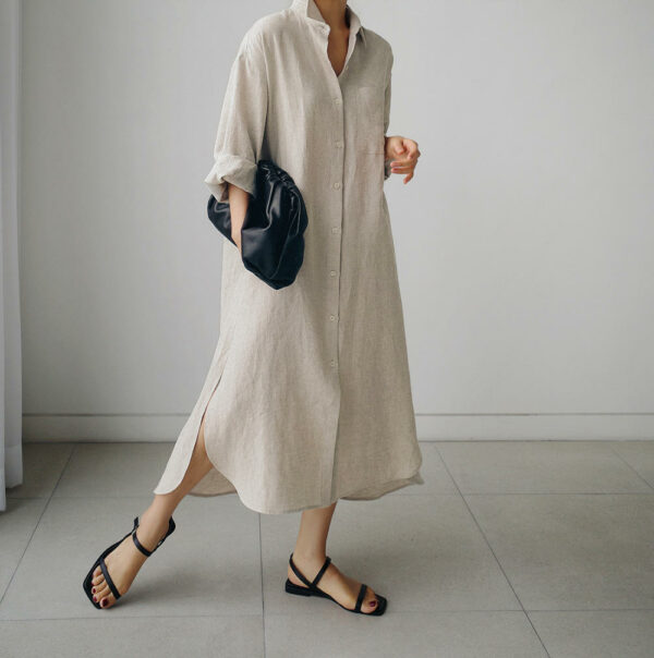 Women's Customized Elegant Style Button Maxi Long Cotton Linen Smart Casual Shirt Dresses - Image 2