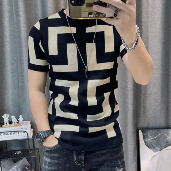 Men's Slim Streetwear Color Contrast T-Shirt, Three Color Short Sleeve Knitting T-Shirt, Homme Social Club Outfits T-Shirt