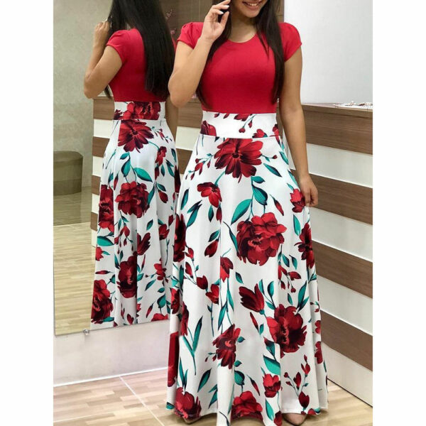 Women's Summertime Casual Wear That's Hot Chic Floral Maxi Dress for a Party, Bodycon Silhouette with Natural Floral Print and Dot Patchwork - Image 2