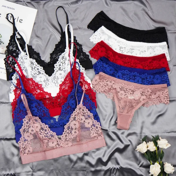 Women's Transparent Beauty Back Hollow Embroidery Bra & Brief Sets, Ultra-thin Cup Mesh Lace Underwear Set