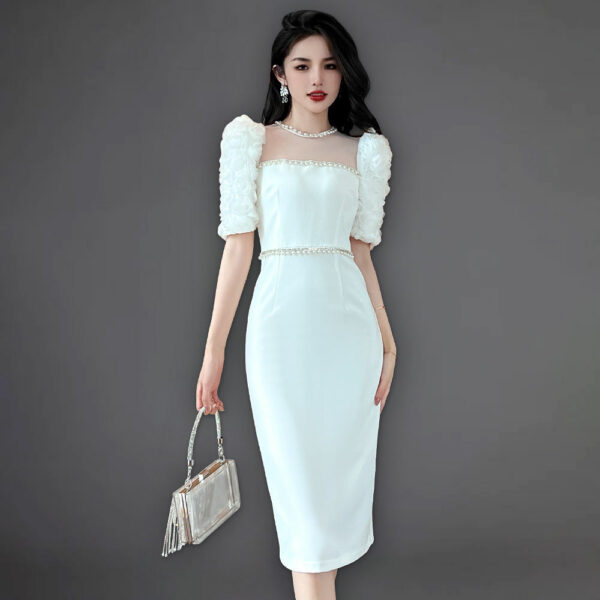 Women's Casual Dresses: ZYHT 50106 - Chic Pearl Beaded Floral Sleeve Embellished White Midi Party Dress Satin - Image 2