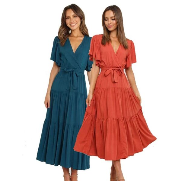 Style v-neck long plain dresses, breezy red cotton dresses, summertime women's dresses with short sleeves for ladies