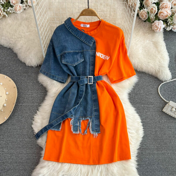 Women's Casual Long Top T-Shirt Dresses with Round Neck and Color Blocking Denim Shirt Style