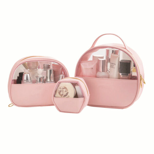 Pink toiletry bag with PU leather waterproof and transparent travel storage set for women and makeup