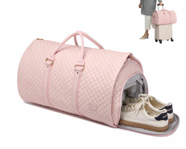 Currently available travel-friendly folding pink convertible carry-on garment duffel bag suit