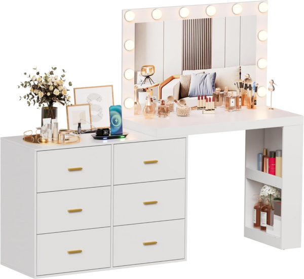 Mirrored Makeup Vanity with 3-Color Lighting Drawers Side Storage Shelves Bedroom Vanity Desk Dressing Table Charging Station Black