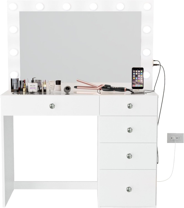 Mirrored makeup vanity desk with lights Crystal Knobs Elegant White Dressing Table with Five Drawers and Storage Glass Top for Bedroom - Image 2