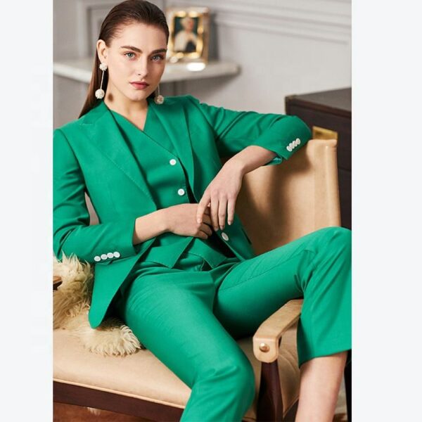 Women's two-piece, three-piece business suit in green, with green blazer pants suit and lady tuxedo suit,  newest styles