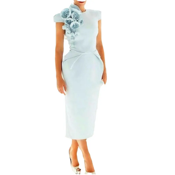 Light Blue Mother of the Bride Gown Cheap Guest Dresses for Weddings Cocktail Gowns with Flower Cap Sleeve Tea-Length Sheath Styles - Image 2