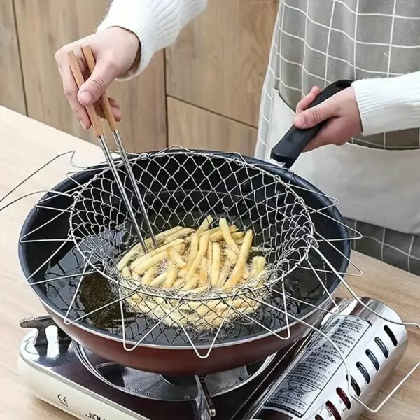 Folding Stainless Steel Strainers French Fry Basket: Multipurpose Kitchen Tools with a Household Oil Mesh Basket - Image 3