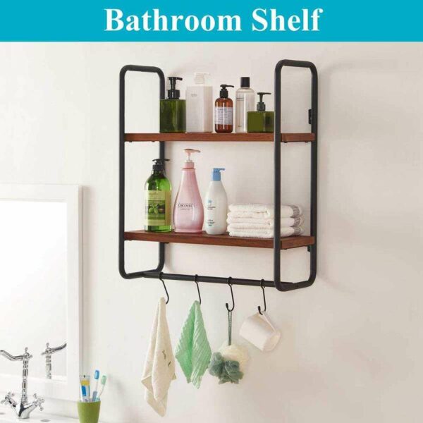 Wall-mounted 2-tier solid wood wall shelf with hooks for use in the kitchen, bathroom, bedroom, and office - Image 4