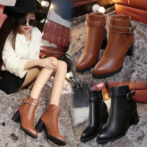 New women's leather boots for the winter and spring women's solid-colored round-headed rubber ankle-short boots with a side zipper - Image 3