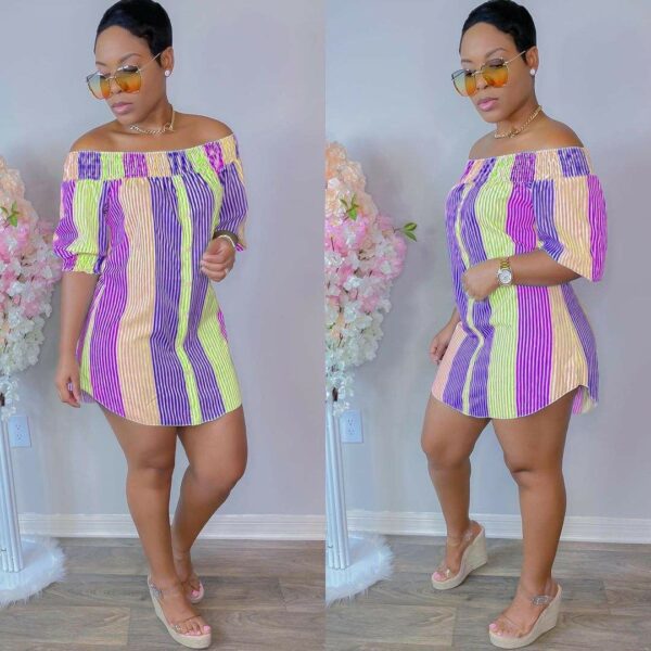 Women's Off Shoulder Short Sleeve Summer Dress with Striped Print and Contrast Color for Summer Casual Wear