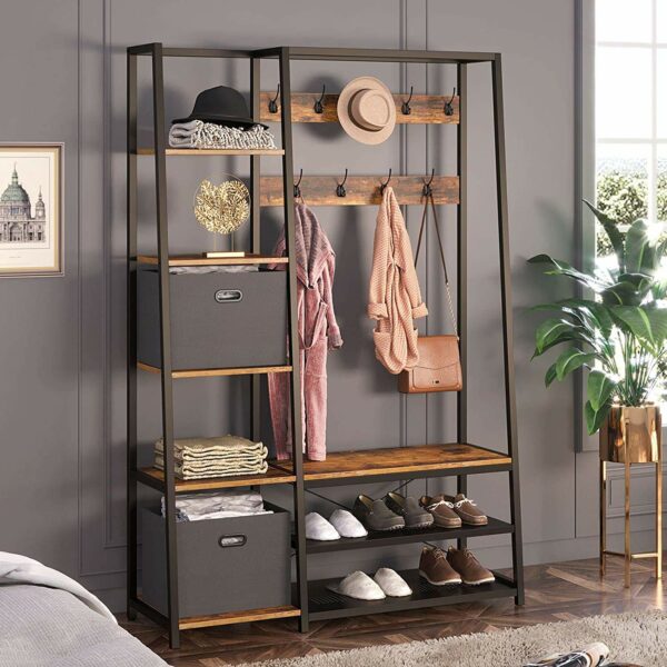 Coat Stand with Storage Bench and Wooden Hanger for Clothes and Standing Coat Shelf - Image 4