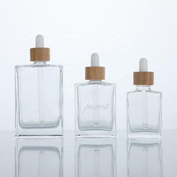 Cosmetic Set: Square Clear Glass Pipette Flat Serum Bottles (30ml, 50ml, and 100ml) Rectangular Glass Dropper Bottle for Essential Oils