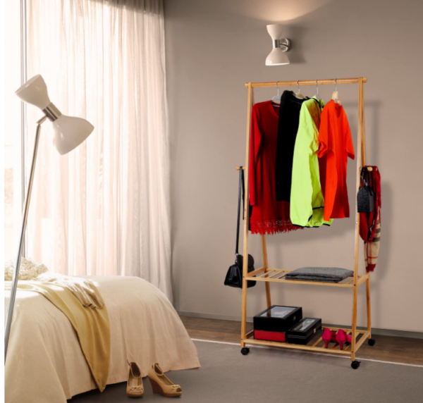 Rolling Garment Rack with Wheels, Two-Tier Shelves for Storage, and Four Coat Hooks Made of Bamboo - Image 3