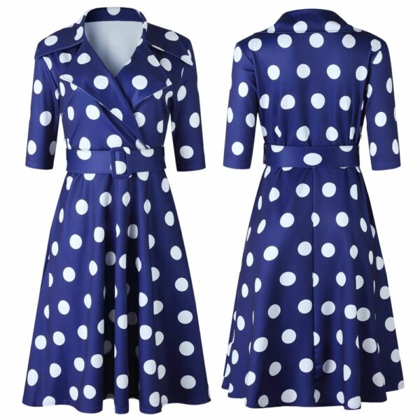 Large lapel women's clothing Polka dot Elegant Tie Waist a-line belted Office Dress Plus Size Woman Dress - Image 4