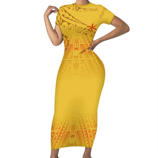 O Neck Short Sleeve Long Bodycon Tight Dresses Are a Hot Selling Style Gowns Plus Size Women's Dresses Polynesian Tattoo Printed Maxi Dress