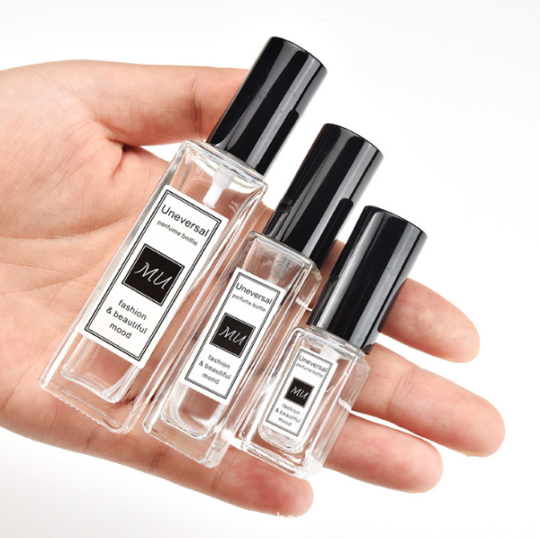 Customized Empty Glass Perfume Bottle with Classic Clear Luxury Square Mist Spray, holding 5 ml, 20 ml, 30 ml, 50 ml, and 100 ml.