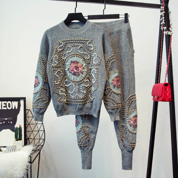 Women's Two-Piece Outfits - Casual Sport Suit with Retro Embroidery, Beaded Sweater, Knitted Pants - Image 4