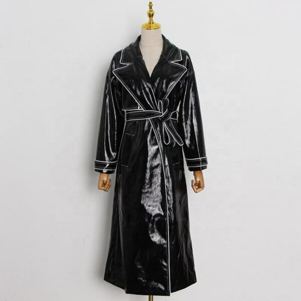 Women's Winter British Windbreaker Coat Long PU Leather Jacket with a Shiny Belt and Lace-up - Image 4