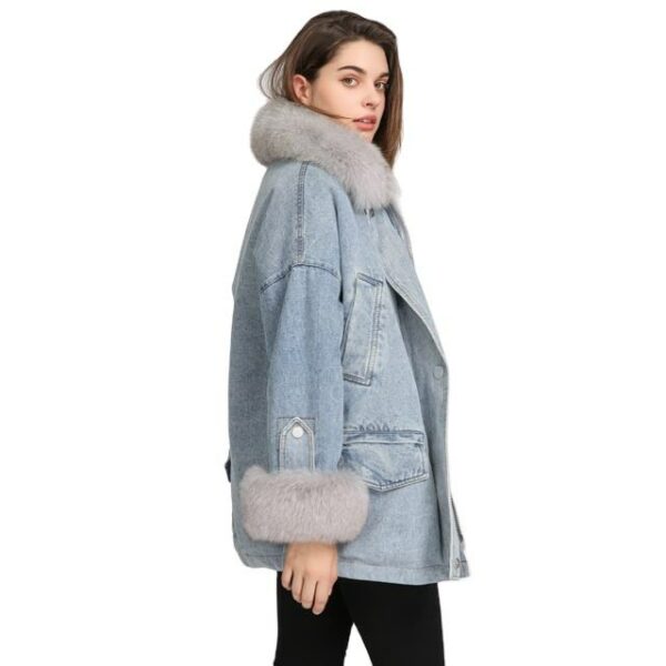 Women's faux fur collar winter coat in blue jeans and denim for ladies with fur, available in quantity - Image 3