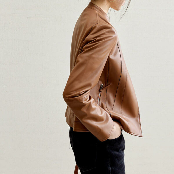 Brand-new Women's Genuine Camel Leather Biker Jacket Moto Coat Woman Stand-Collar Jacket Made of 100% Leather - Image 3