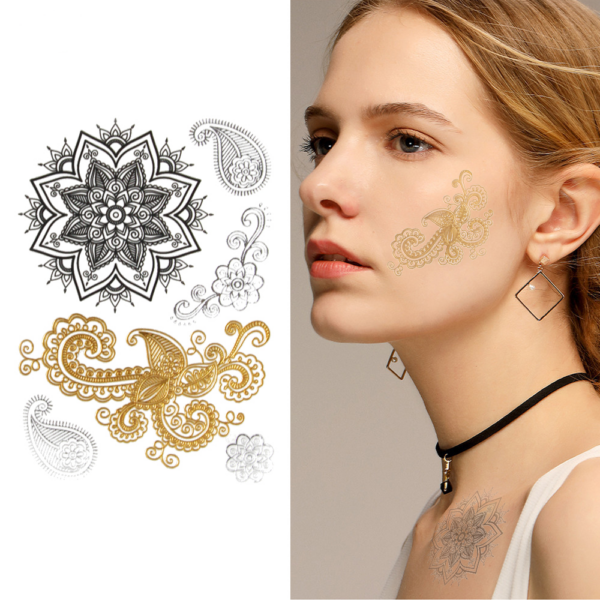 3D lotus flower tattoo sticker, hot sale gold golden waterproof sticker, temporary tattoo sticker, face