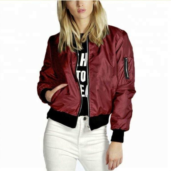 Fashion women's coat tops, wholesale plain thin zipper bomber jackets for women Long-sleeve O-neck Casual Baseball Jacket in Solid Color - Image 3