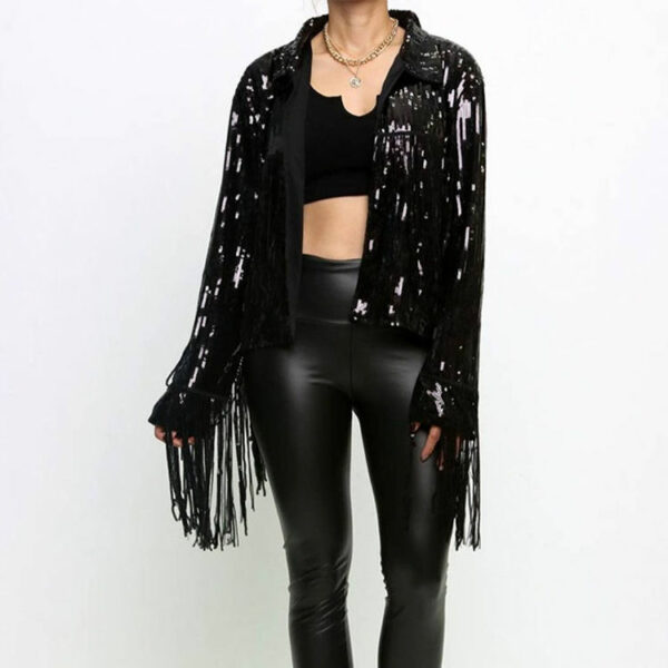 Women's Fashion Tassel Sequin Jacket with Gold Fringes and Black Black Colors for Hip Hop Style - Image 3