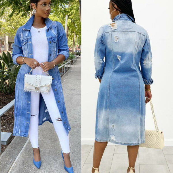 Women's Solid Color Long Denim Trench Coat with Ripped Holes and Tassels - Image 4