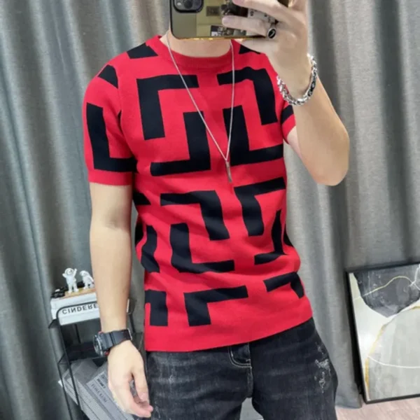 Men's Slim Streetwear Color Contrast T-Shirt, Three Color Short Sleeve Knitting T-Shirt, Homme Social Club Outfits T-Shirt - Image 3