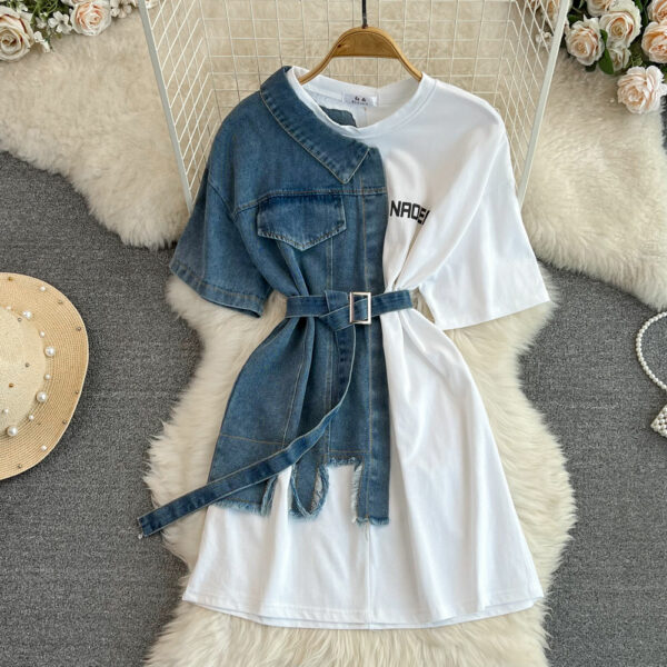 Women's Casual Long Top T-Shirt Dresses with Round Neck and Color Blocking Denim Shirt Style - Image 3