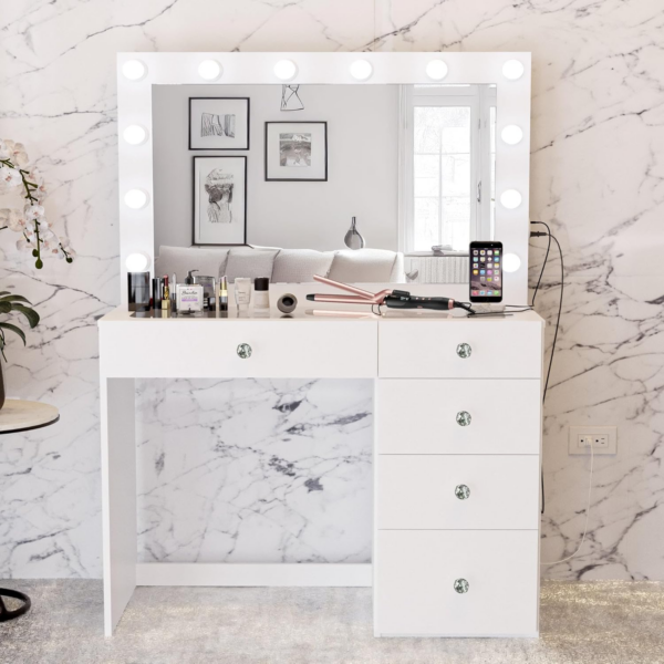 Mirrored makeup vanity desk with lights Crystal Knobs Elegant White Dressing Table with Five Drawers and Storage Glass Top for Bedroom - Image 3