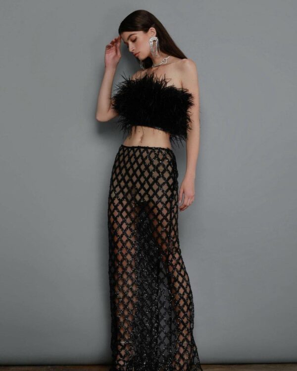 Feather crop top and sequin tulle skirt in a two-piece ensemble for a luxurious, sultry party look for ladies - Image 3