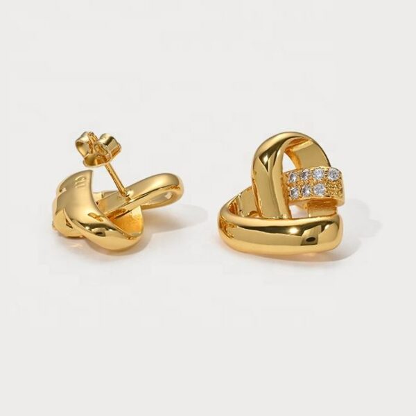 New 18k Real Gold Plated Baroque Brass Patchwork Earrings with a Geometric Heart Shaped Zirconia - Image 4