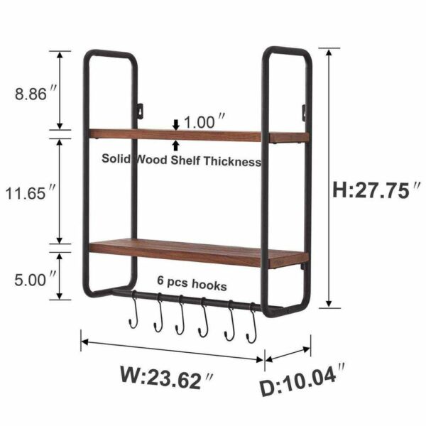 Wall-mounted 2-tier solid wood wall shelf with hooks for use in the kitchen, bathroom, bedroom, and office - Image 5